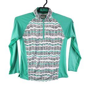Womens SanSoleil Golf Shirt UPF 50 Green & White 1/4 Zip Long Sleeve Size L